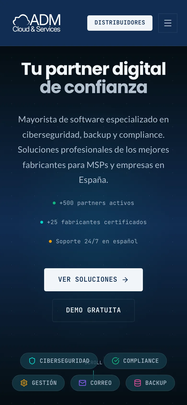 ADM Cloud Services: vista principal adaptada a móvil