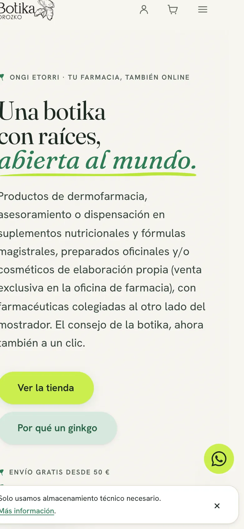 Orozko Botika: vista principal adaptada a móvil